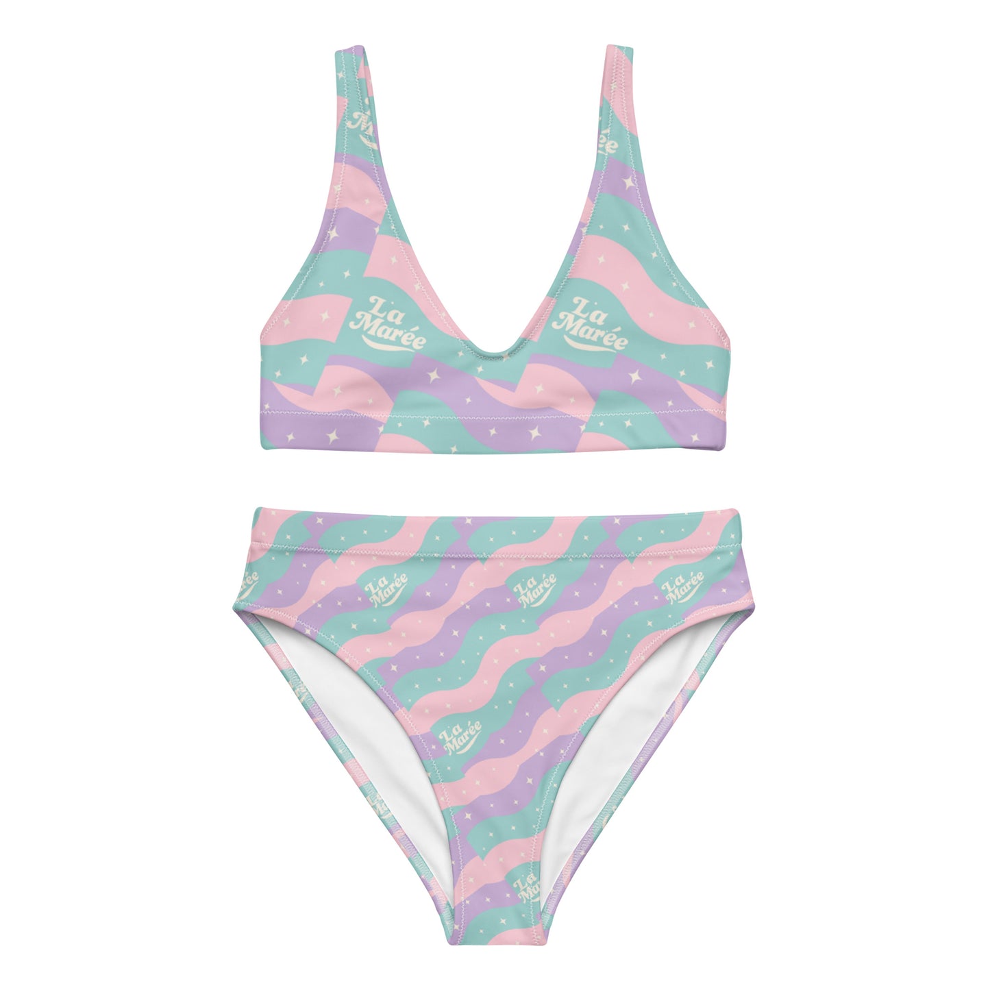 La Marée luxury high-waist bikini set in retro pink & blue star pattern, perfect for summer beachwear