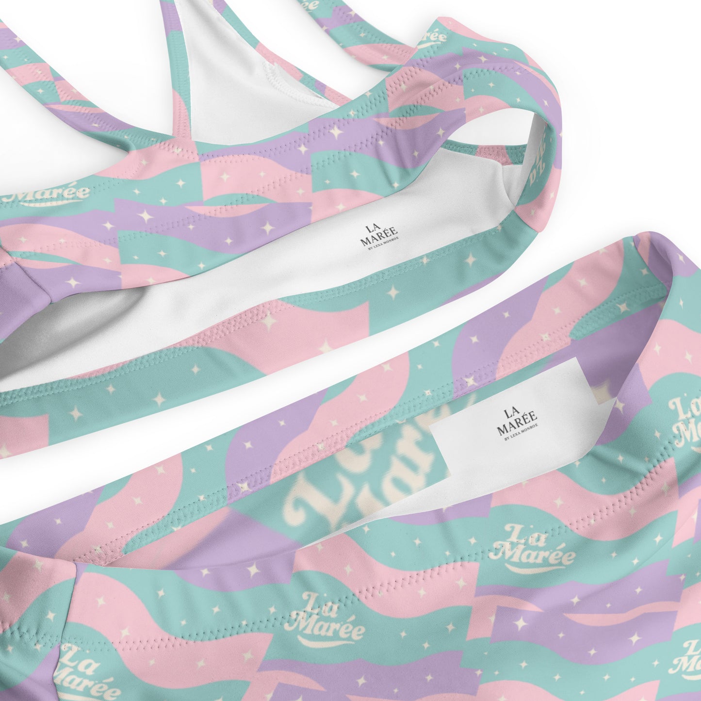 La Marée luxury high-waist bikini set in retro pink & blue star pattern, perfect for summer beachwear