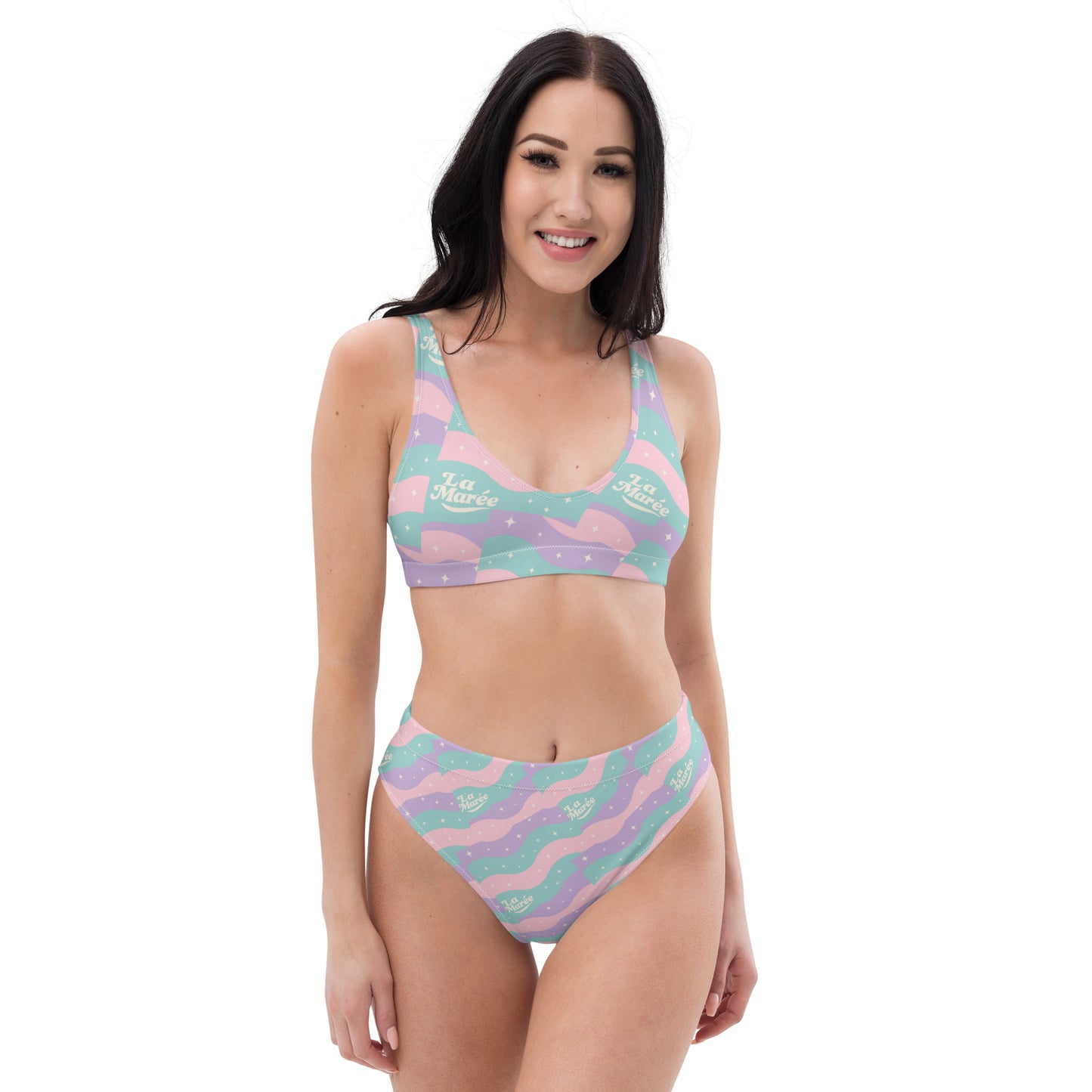 La Marée luxury high-waist bikini set in retro pink & blue star pattern, perfect for summer beachwear