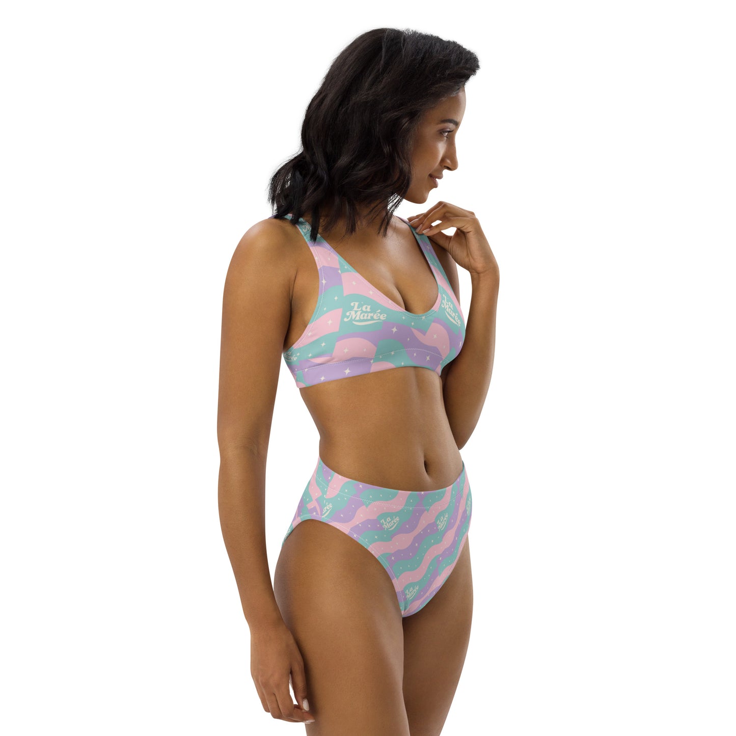 La Marée luxury high-waist bikini set in retro pink & blue star pattern, perfect for summer beachwear