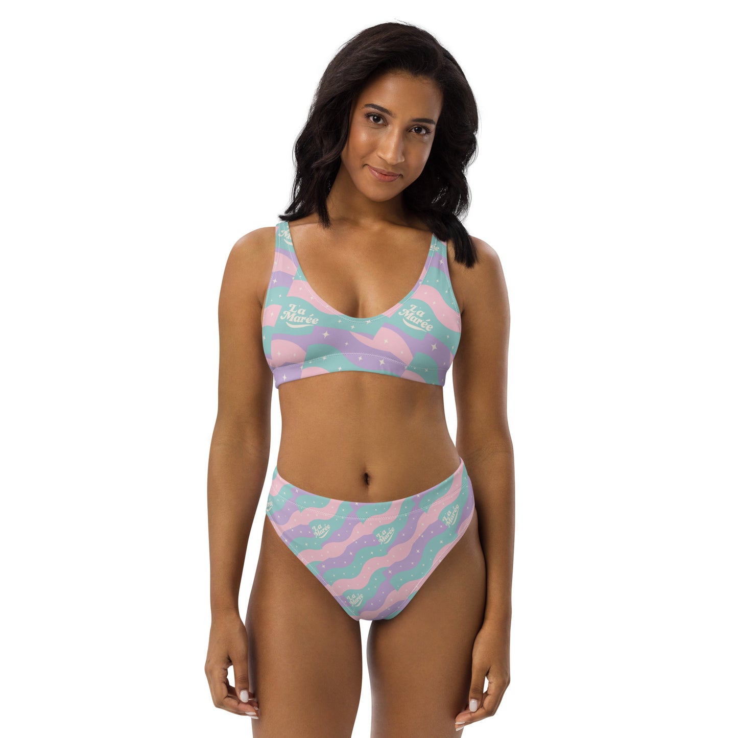 La Marée luxury high-waist bikini set in retro pink & blue star pattern, perfect for summer beachwear