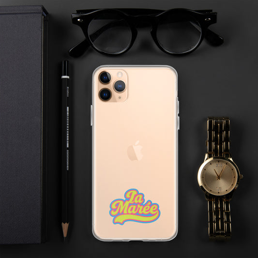 La Marée clear retro style iPhone case with blue, pink and yellow branding, sleek and stylish protection. Luxury coastal design